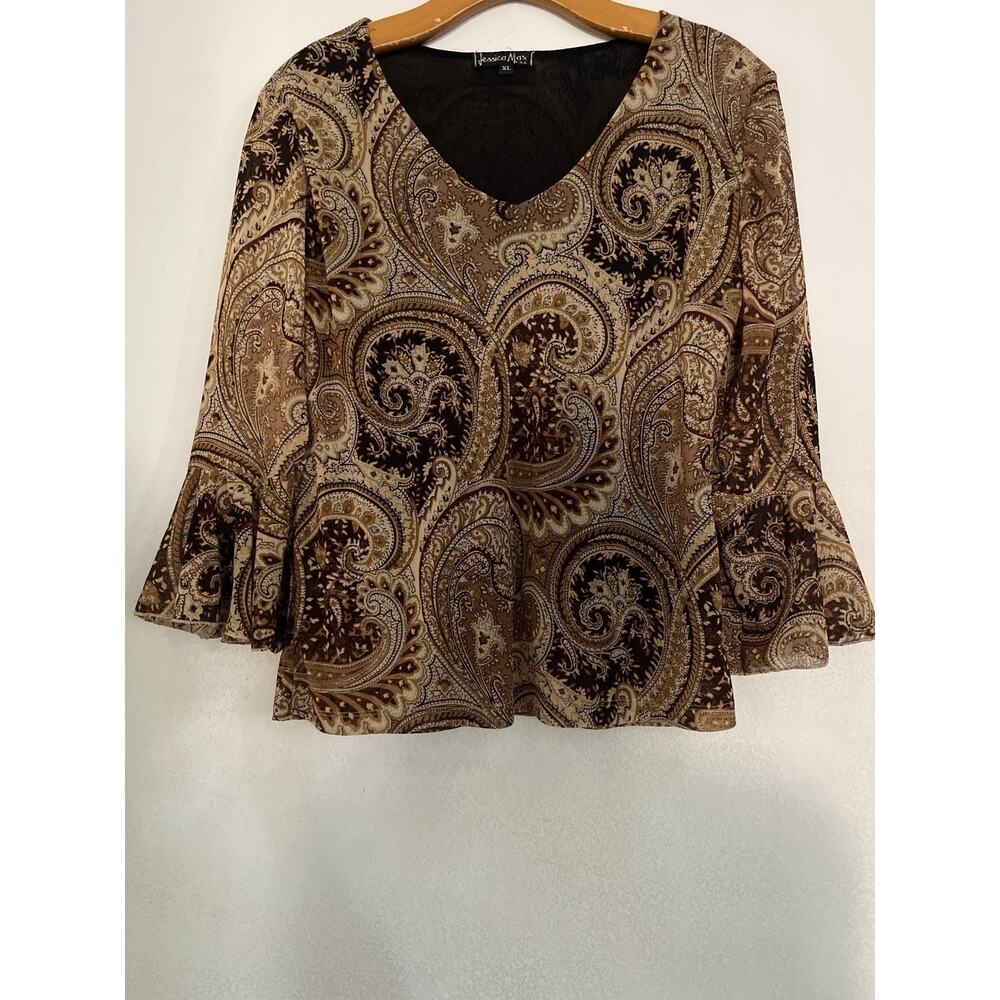 Jessica Max USA Top Tunic Women XL Brown Paisley Mesh Bell Sleeve Boho Hippie